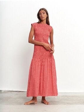 Coral Smocked Maxi Dress with Cap Sleeves